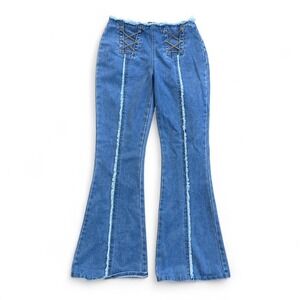Pretty Little Things High-waisted blue‎ denim flare jeans with lace-up size 4